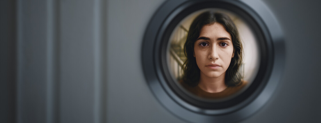 Soziale Ungleichheit in Tirol weiterhin groß Blick durch den Spion einer Wohnungstüre: Davor steht eine junge Frau mit schwarzen Haaren.