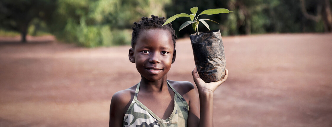 Spenden gegen den Hunger Portrait eines Kindes in Afrika, das einen Pflanzensetzling in der linken Hand hoch hält.