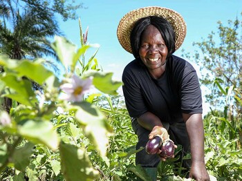 Portrait einer lächelnden Frau mit Strohhut, die in einem Gemüsefeld steht und zwei Aubergine in die Kamera hält.