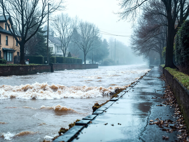 Eine Straße mit zwei Wohnhäuser auf der linken Straßenseite und einem Gehweg zur rechten ist von Wassermassen überflutet. Das Wasser bahnt sich als Fluss den Weg die Straße herunter.