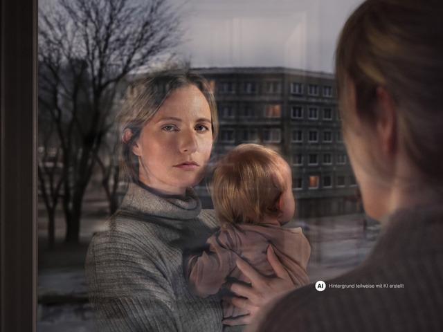 Eine Frau mit Kind am Arm schaut aus dem Fenster. Ihr Gesicht spiegelt sich im Fensterglas wider. Vor dem Fenster ist eine Wohngegend erkennbar.