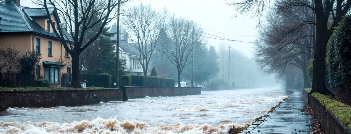 Eine Straße mit zwei Wohnhäuser auf der linken Straßenseite und einem Gehweg zur rechten ist von Wassermassen überflutet. Das Wasser bahnt sich als Fluss den Weg die Straße herunter.