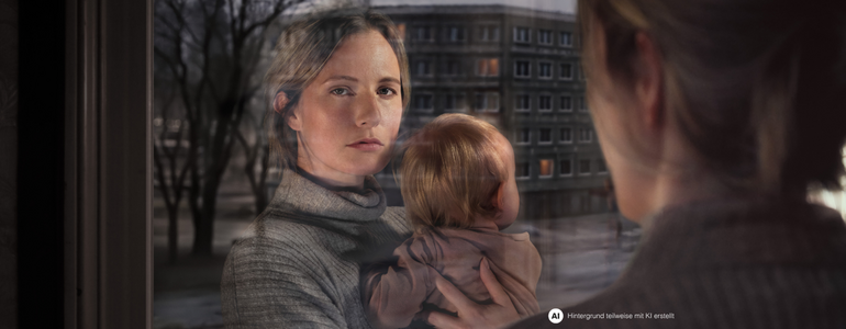 Eine Frau mit Kind am Arm schaut aus dem Fenster. Ihr Gesicht spiegelt sich im Fensterglas wider. Vor dem Fenster ist eine Wohngegend erkennbar.