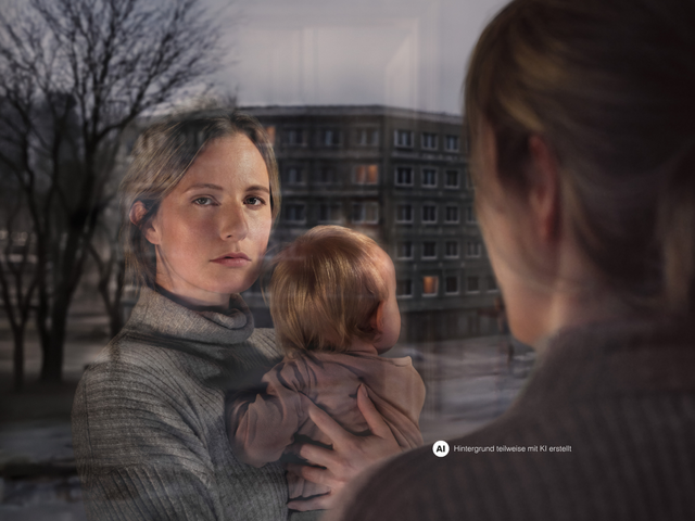 Eine Frau mit Kind am Arm schaut aus dem Fenster. Ihr Gesicht spiegelt sich im Fensterglas wider. Vor dem Fenster ist eine Wohngegend erkennbar.