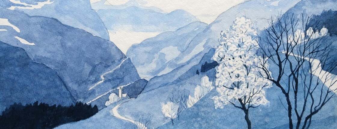 Ölgemälde zeigt winterliche Berglandschaft