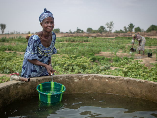 Auf einem Gemüsefeld in Burkina Faso schöpft eine Frau Wasser mit einem grünen Plastikeimer aus einem Bewässerungsbrunnen.