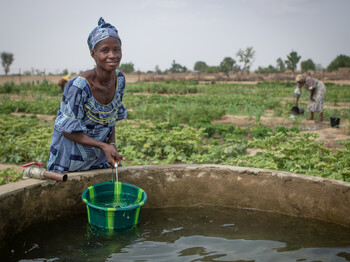 Auf einem Gemüsefeld in Burkina Faso schöpft eine Frau Wasser mit einem grünen Plastikeimer aus einem Bewässerungsbrunnen.