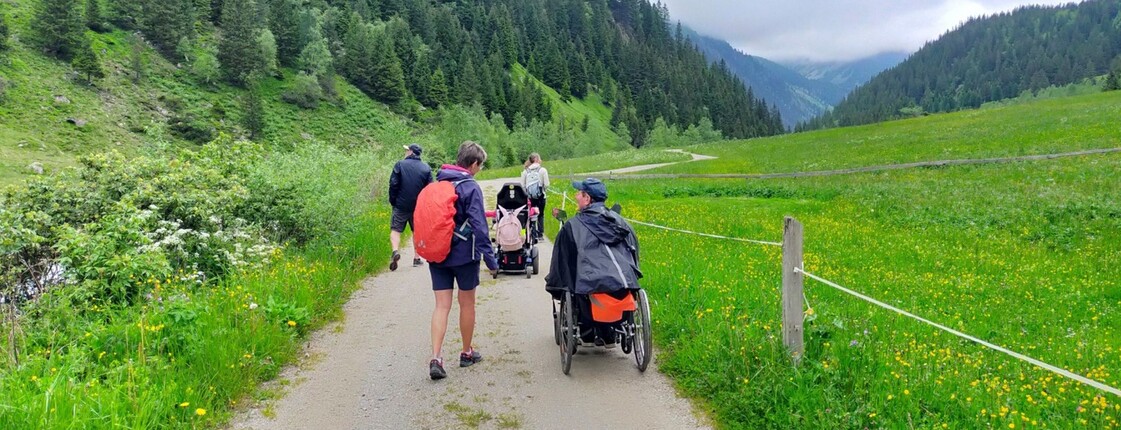 Eine Gruppe, darunter Menschen mit Behinderung, wandert einen Almweg in einem Bergtal entlang.