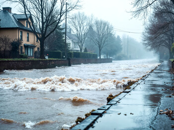 Eine Straße mit zwei Wohnhäuser auf der linken Straßenseite und einem Gehweg zur rechten ist von Wassermassen überflutet. Das Wasser bahnt sich als Fluss den Weg die Straße herunter.