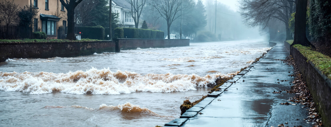 Eine Straße mit zwei Wohnhäuser auf der linken Straßenseite und einem Gehweg zur rechten ist von Wassermassen überflutet. Das Wasser bahnt sich als Fluss den Weg die Straße herunter.
